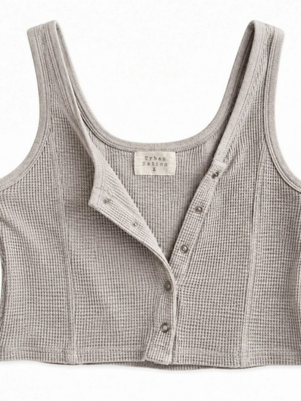 Urban Nation Women's Large Gray Waffle Knit Snap Front Cropped Tank Top